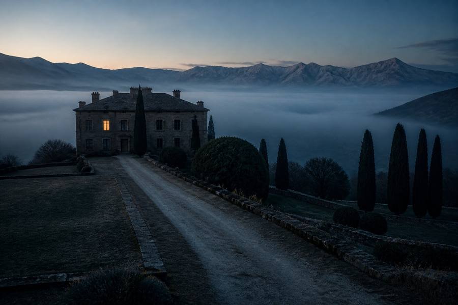 Domaine isolé à l'aube, une fenêtre éclairée